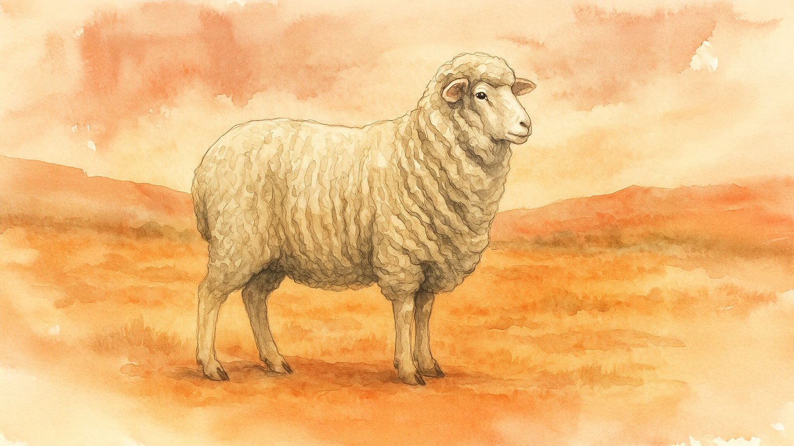 Watercolour illustration of a Merino sheep standing in profile against an abstract Australian outback landscape with warm sandy and red tones.