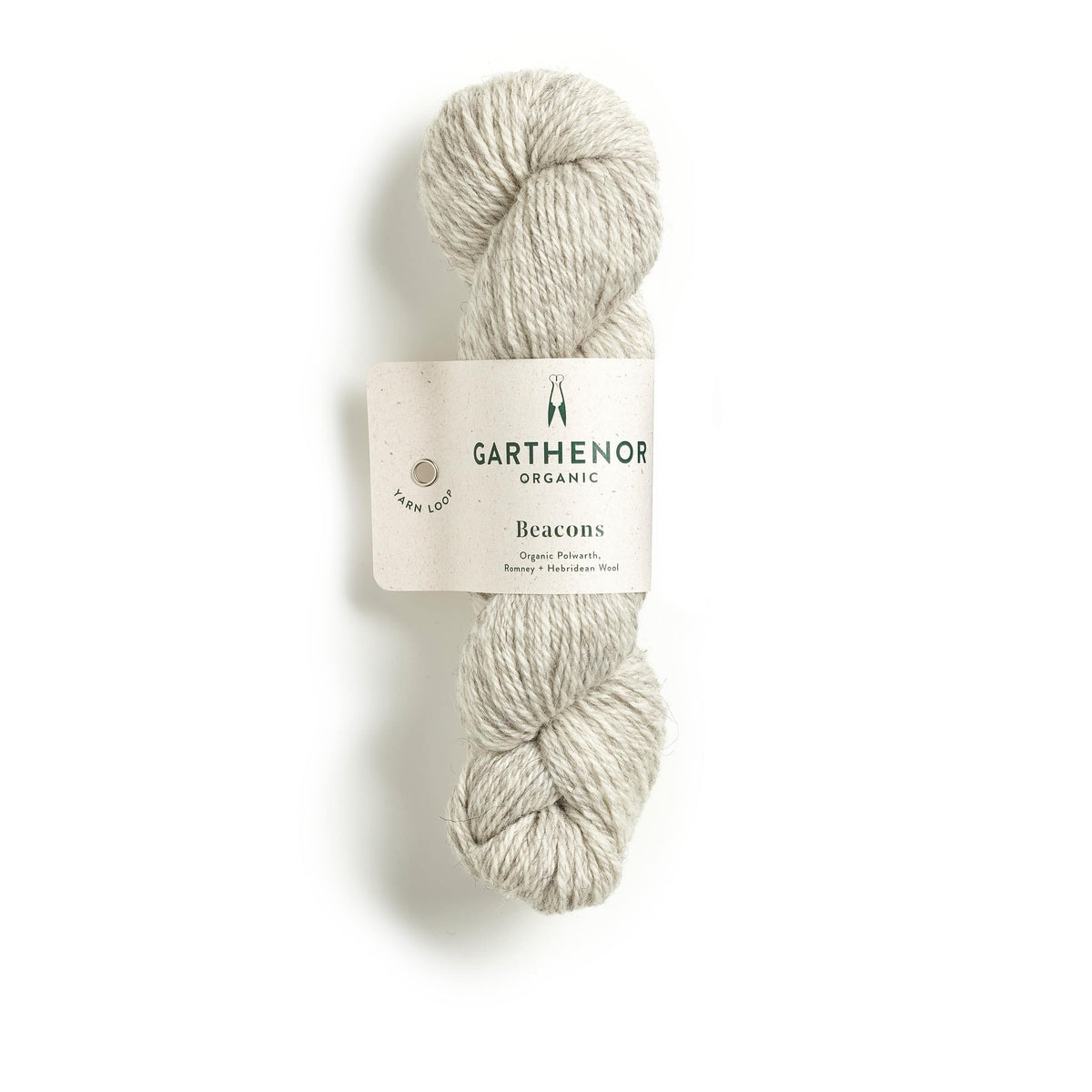 Garthenor Organic Beacons (Previous Spin) DK yarn in Basalt – a natural marl of pale grey and white wool, shown on a white background.