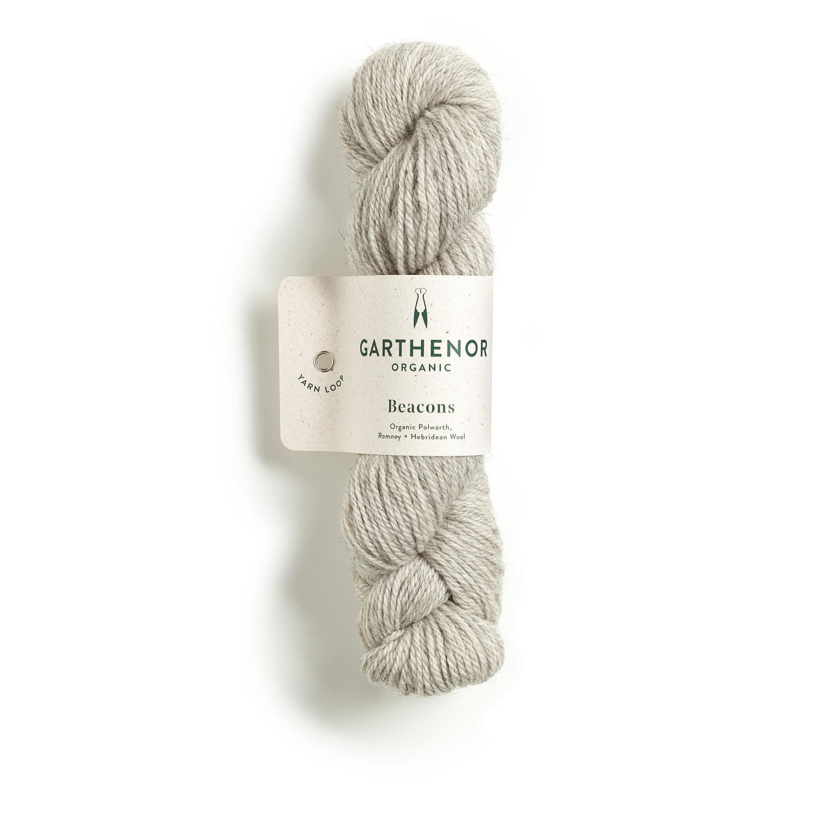 Garthenor Organic Beacons (Previous Spin) DK yarn in Cinder – an undyed, soft pale grey blend of organic wool, photographed on a white background.
