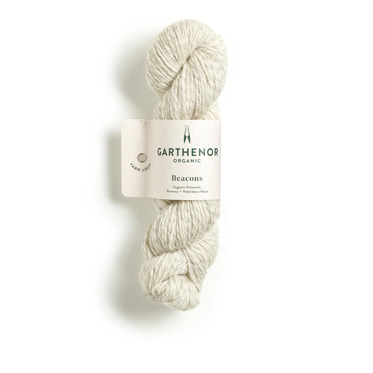 Garthenor Organic Beacons (Previous Spin) DK yarn in Marble – a soft natural marl of white and pale grey wool, photographed on a white background.