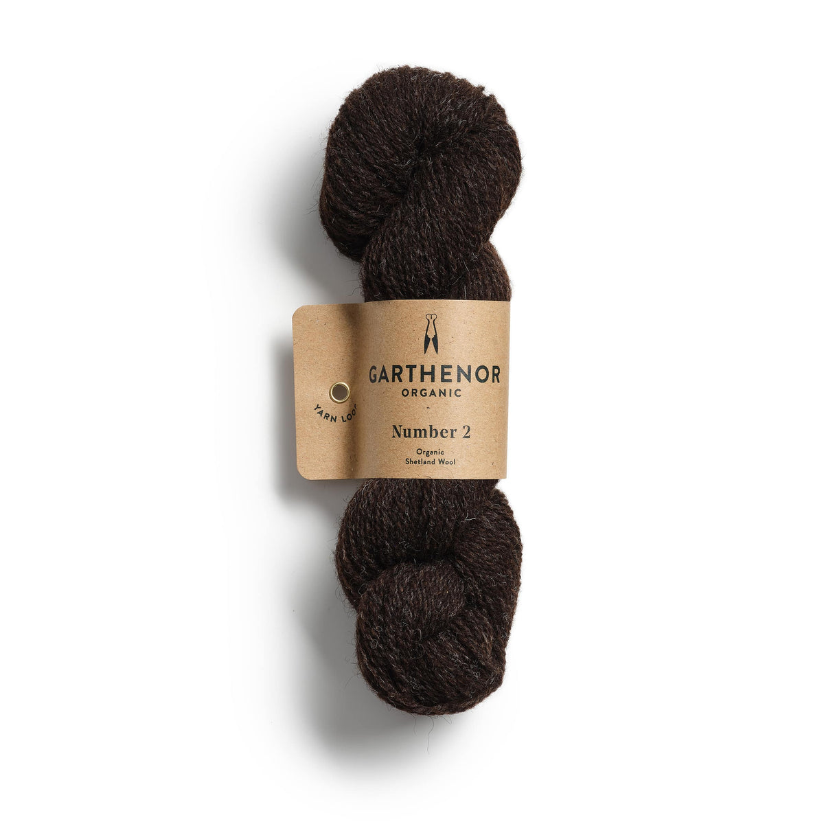 Garthenor Organic Number 2 (Previous Spin) yarn in Chalkboard – an undyed, very dark brown Shetland wool, shown on a white background.