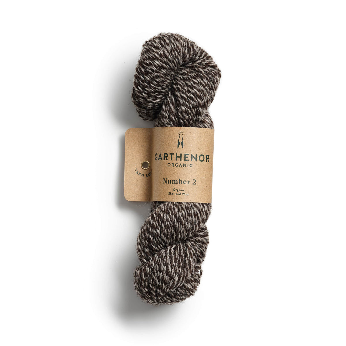 Garthenor Organic Number 2 (Previous Spin) yarn in Chimney – a natural marl of dark brown and mid-grey Shetland wool, shown on a white background.