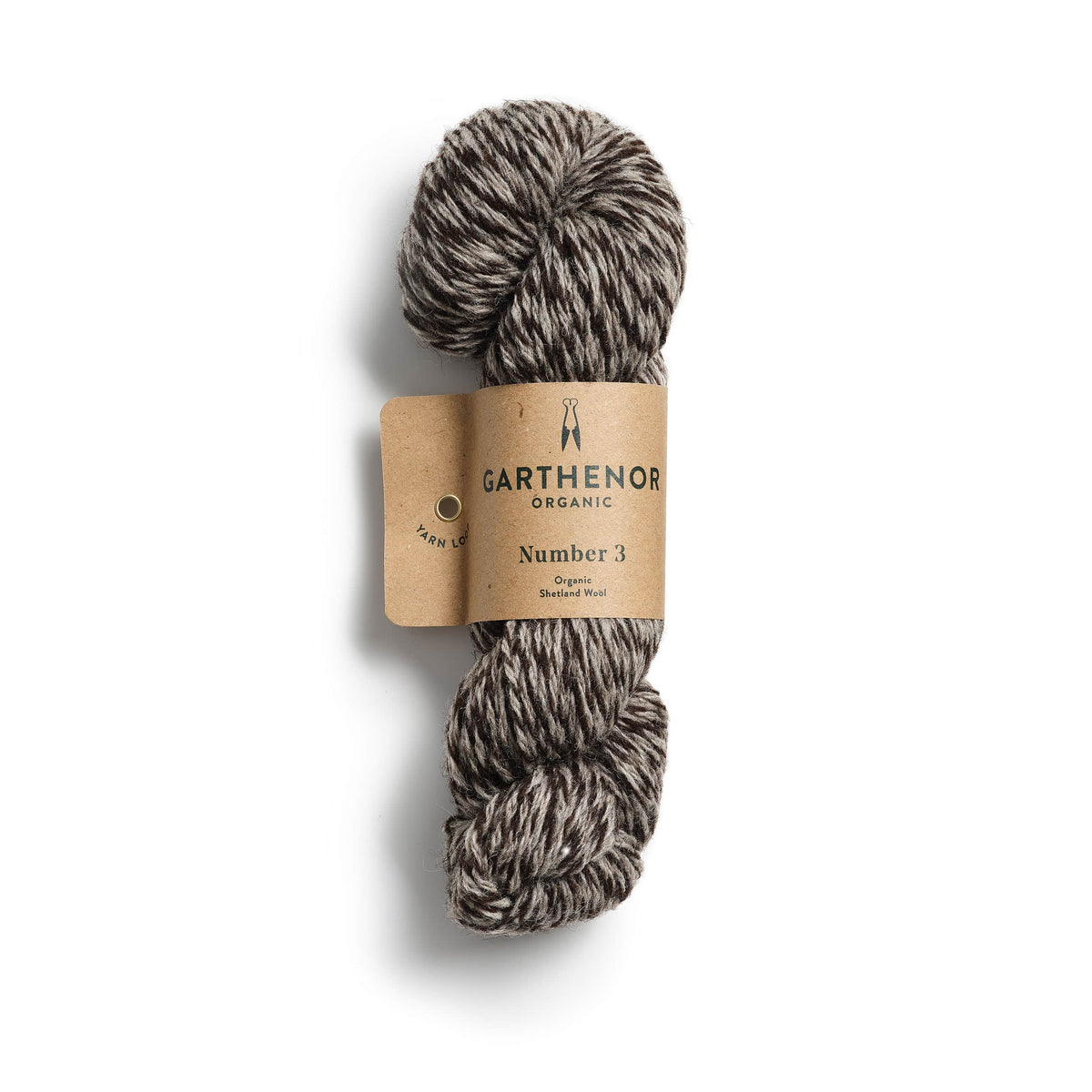 Garthenor Organic Number 3 (Previous Spin) DK yarn in Chimney – a natural marl of dark brown and mid-grey Shetland wool, photographed on a white background.