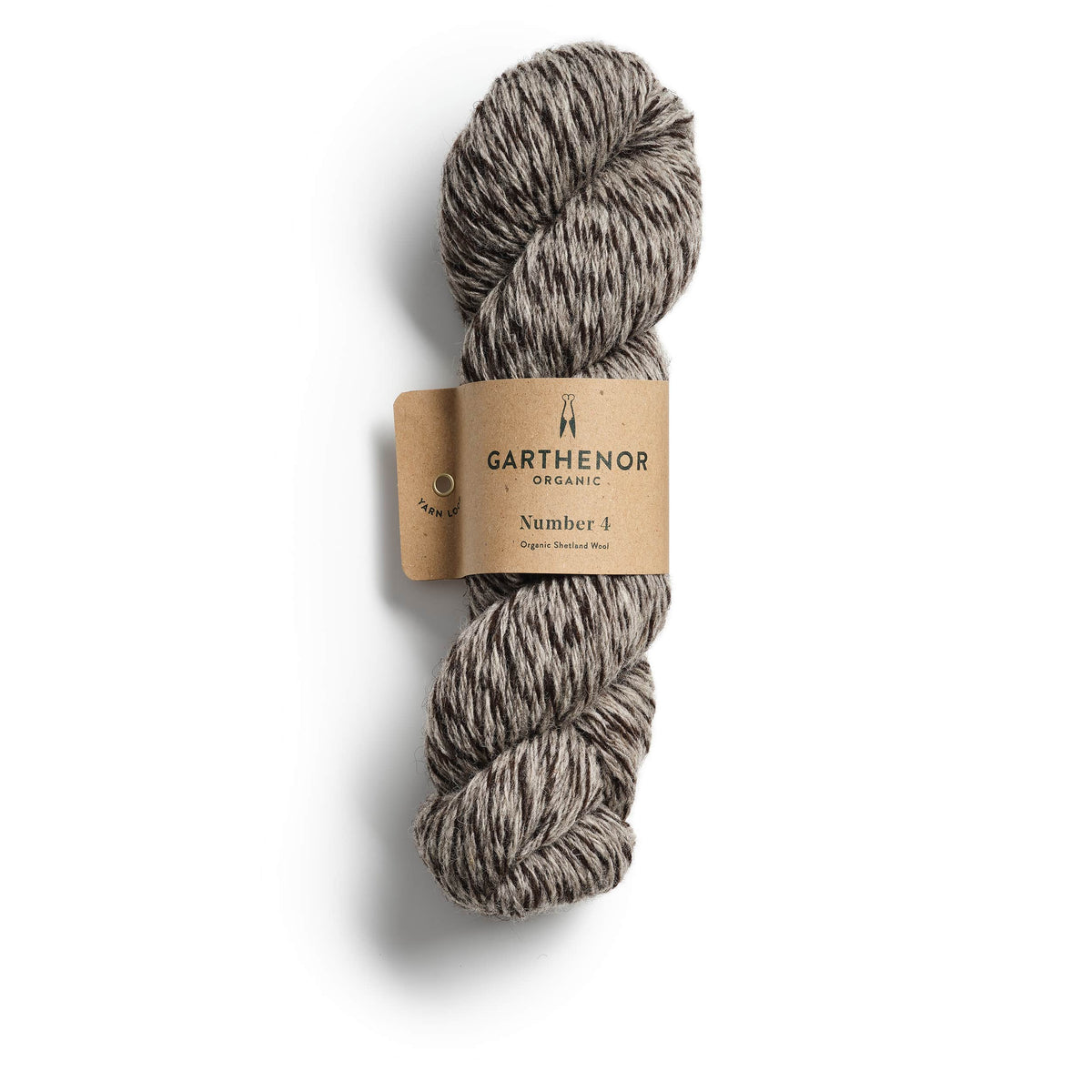 Garthenor Organic Number 4 (Previous Spin) Aran yarn in Chimney – an undyed marl of dark brown and mid-grey Shetland wool, photographed on a white background.