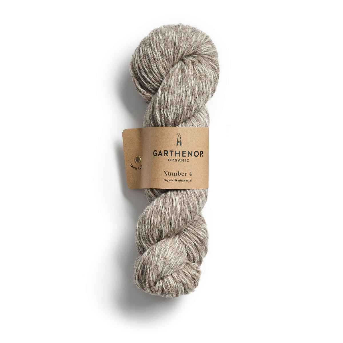 Garthenor Organic Number 4 (Previous Spin) Aran yarn in Merlin – a natural marl of mid-grey and white Shetland wool, photographed on a white background.